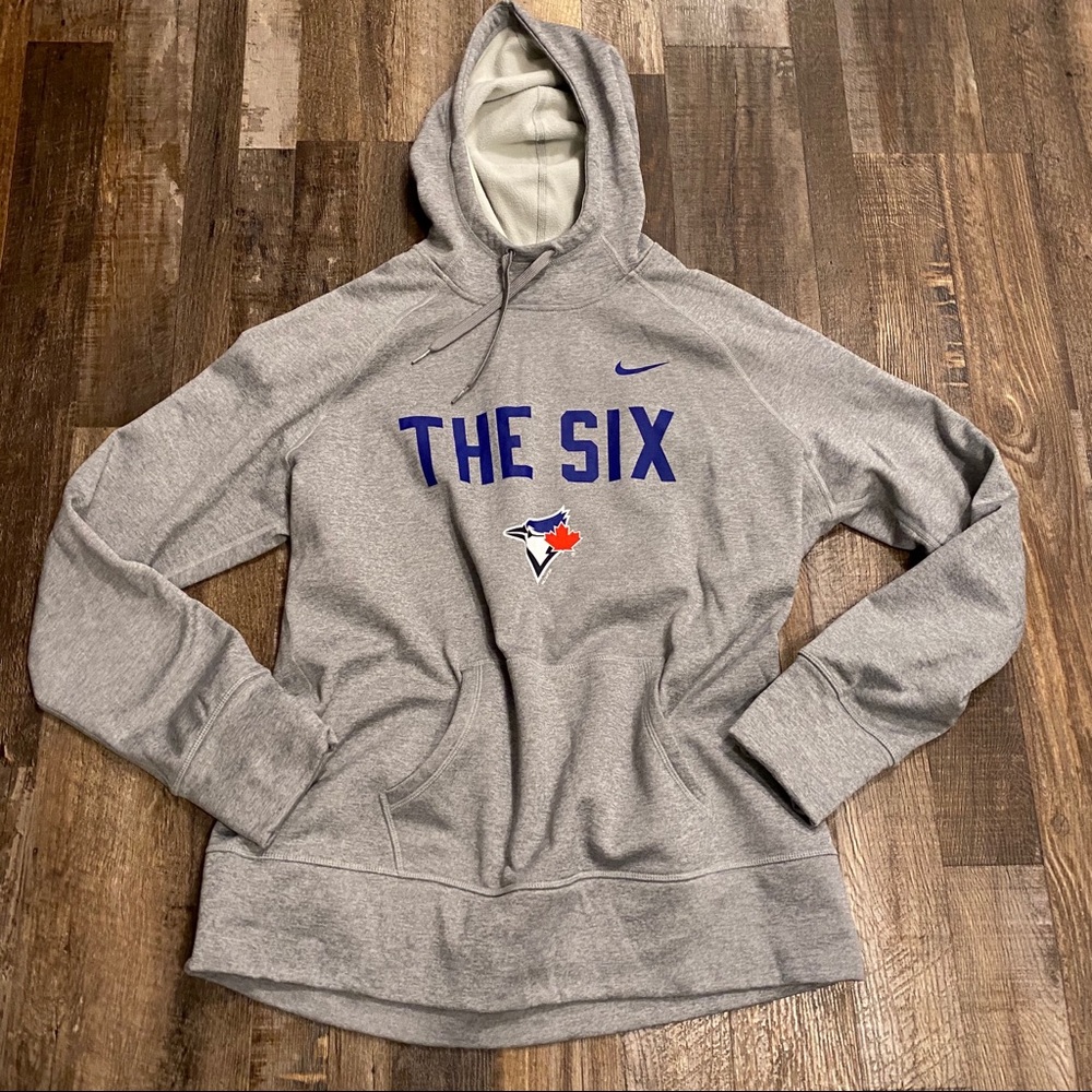 Nike Gray Hoodie with Blue Text and Red Detail